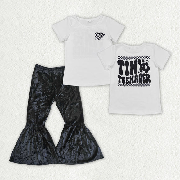 Tiny Teenager Black Velvet Girls Short Sleeve+Trousers Sets