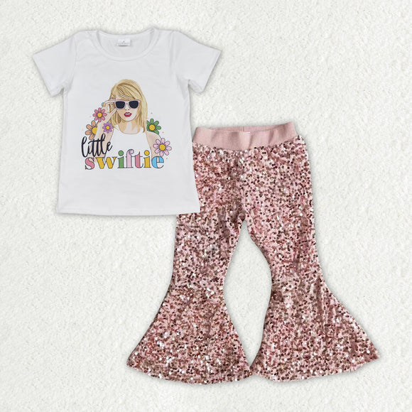 Little Swiftie Pink Sequins Girls Short Sleeve+Trousers Sets