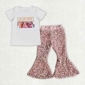 Taylor Pink Sequins Girls Short Sleeve+Trousers Sets