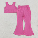 Solid Hot Pink Yoga Athletic Girls Short Sleeve+Trousers Sets