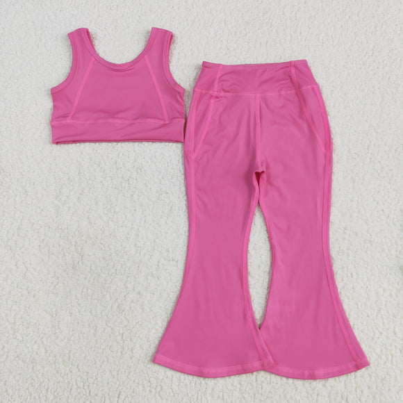 Solid Hot Pink Yoga Athletic Girls Short Sleeve+Trousers Sets