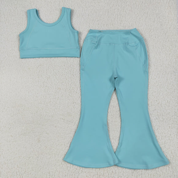 Solid Blue Yoga Athletic Girls Short Sleeve+Trousers Sets