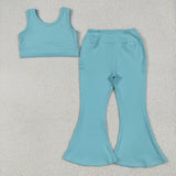 Solid Blue Yoga Athletic Girls Short Sleeve+Trousers Sets