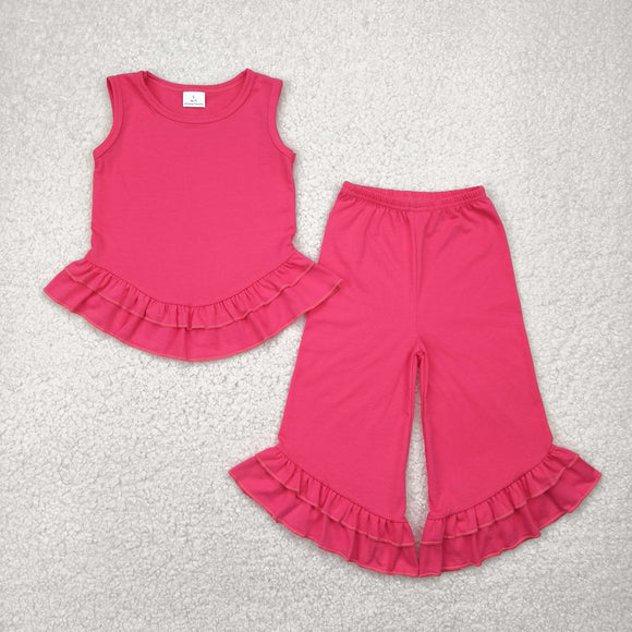 Solid Hot Pink Ruffles Girls Short Sleeve+Trousers Sets