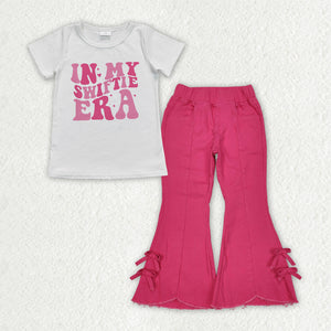 Swiftie Era Hot Pink Bows Denim Girls Short Sleeve+Trousers Sets