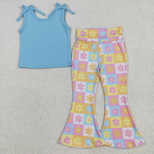 Solid Floral Colorful Plaid Girls Short Sleeve+Trousers Sets
