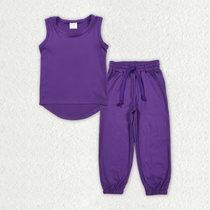 Solid Dark Purple Yoga Athletic Girls Short Sleeve+Trousers Sets