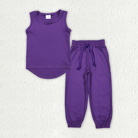 Solid Dark Purple Yoga Athletic Girls Short Sleeve+Trousers Sets