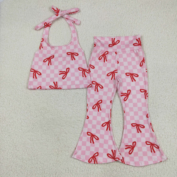Red Bow Pattern Pink Plaid Girls Short Sleeve+Trousers Sets
