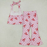 Red Bow Pattern Pink Plaid Girls Short Sleeve+Trousers Sets