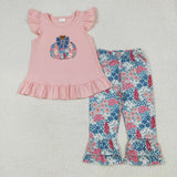 Bow Floral Pumpkin Pink Girls Short Sleeve+Trousers Sets