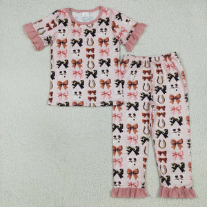 Bow Pattern Pink Girls Short Sleeve Pajamas