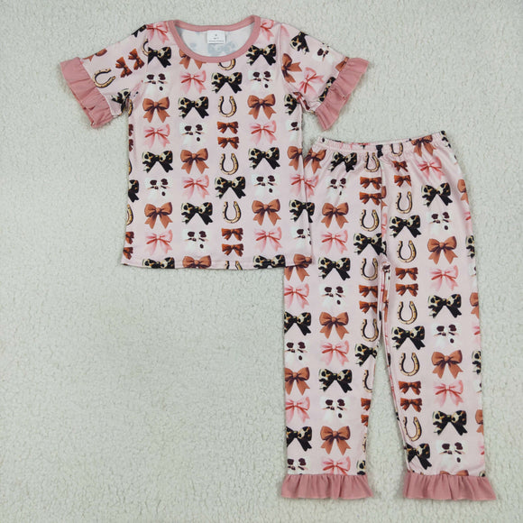 Bow Pattern Pink Girls Short Sleeve Pajamas