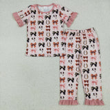 Bow Pattern Pink Girls Short Sleeve Pajamas
