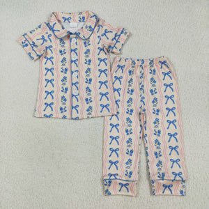 Blue Floral Bow Pattern Mommy & Me Girls Short Sleeve Pajamas