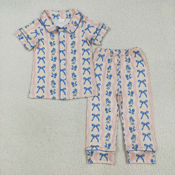 Blue Floral Bow Pattern Mommy & Me Girls Short Sleeve Pajamas