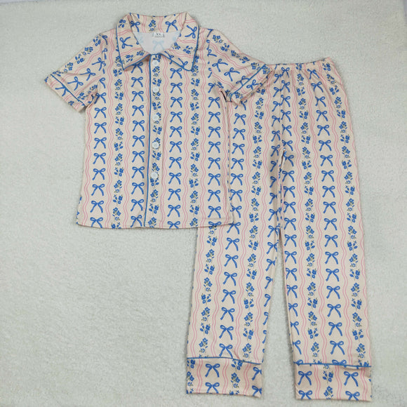 Adults Blue Floral Bow Pattern Mommy & Me Women Short Sleeve Pajamas