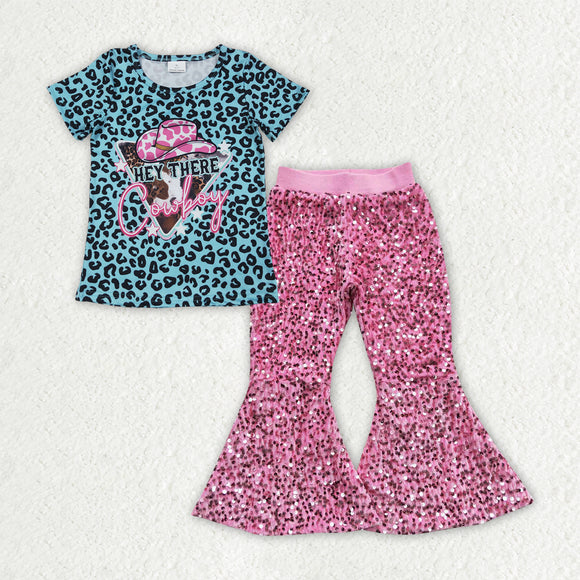 Cowboy Leopard Print Blue Hot Pink Sequins Girls Short Sleeve+Trousers Sets