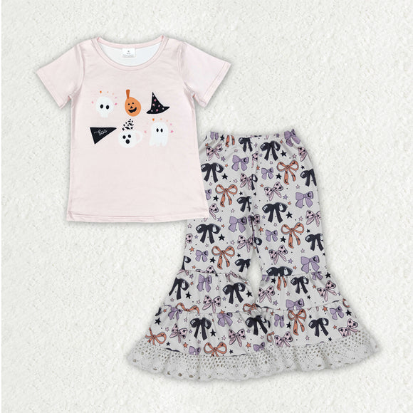 Ghost Bow Pattern Pink Girls Halloween Outfits