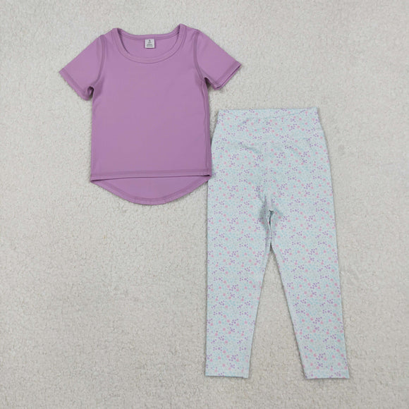 Solid Purple Floral Yoga Athletic Girls Short Sleeve+Trousers Sets