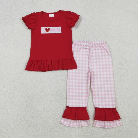 I Love Mom Pink Plaid Red Girls Short Sleeve+Trousers Sets