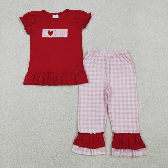 I Love Dad Pink Plaid Red Girls Short Sleeve+Trousers Sets