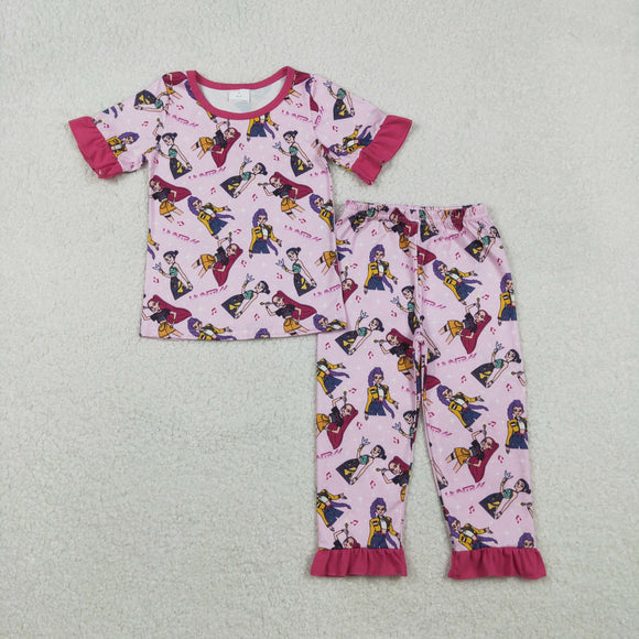 Cartoon Pop Hot Pink Ruffles Girls Short Sleeve Pajamas