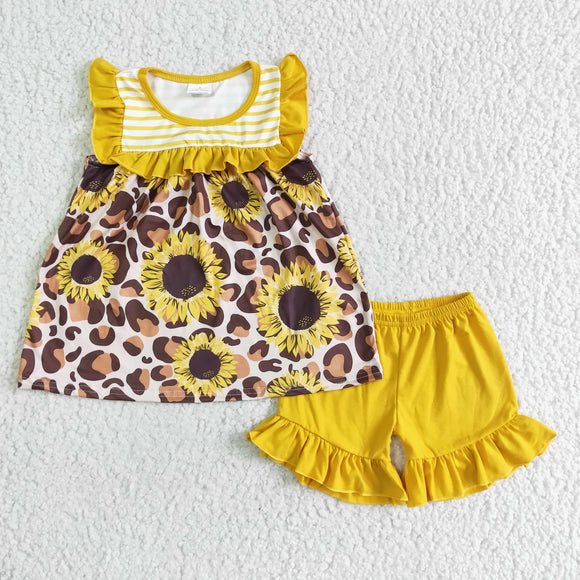 Promotional Sunflower Leopard Print Yellow Girls Shorts Sets