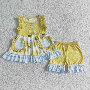 Promotional Bee Floral Yellow Ruffles Pockets Girls Shorts Sets