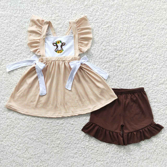 Calf Brown Pink Plaid Girls Shorts Sets