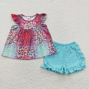 Leopard Print Blue Red Girls Shorts Sets