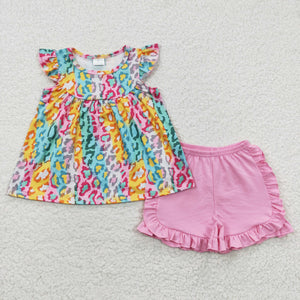 Colorful Leopard Print Pink Girls Shorts Sets