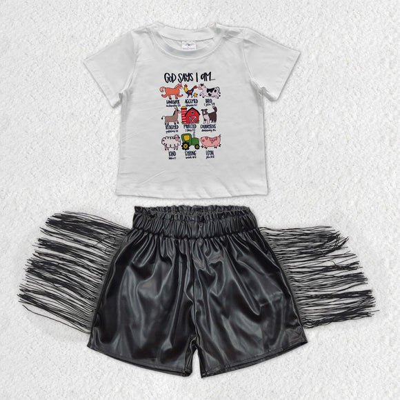 God says I am Black Leather Tassels Girls Shorts Sets