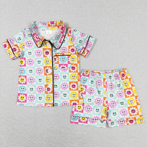 Smile Colorful Plaid Girls Short Sleeve Pajamas