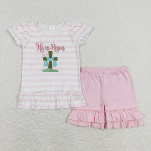 He is Risen Stripe Pink Ruffles Girls Easter Outfits