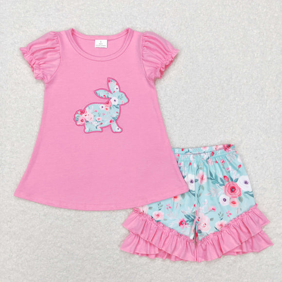 Floral Bunny Pink Ruffles Girls Easter Outfits