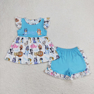 Cartoon Dogs Blue Girls Shorts Sets