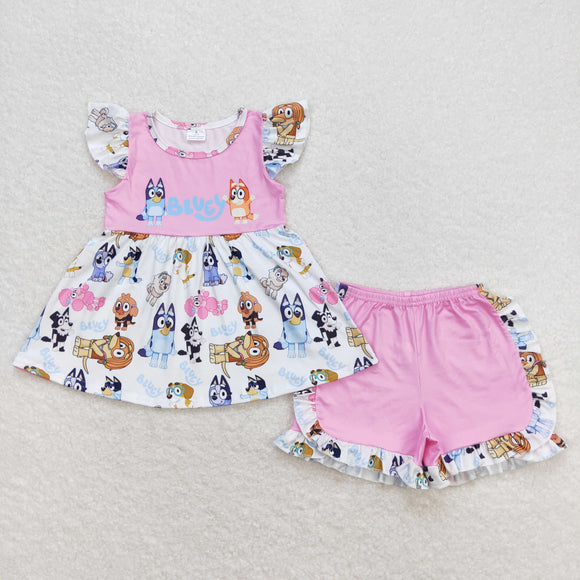 Cartoon Dogs Pink Girls Shorts Sets