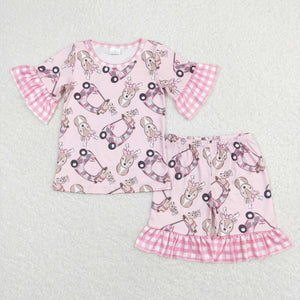 Deer Camo Pink Plaid Girls Short Sleeve Pajamas