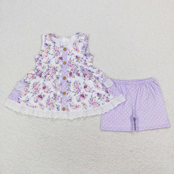 Floral Lace Ruffles Purple Girls Shorts Sets