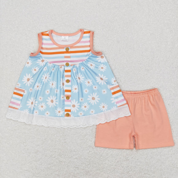 Floral Stripe Lace Ruffles Orange Girls Shorts Sets