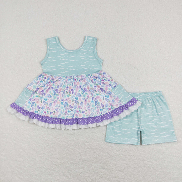 Conch Pocket Ruffles Girls Shorts Sets
