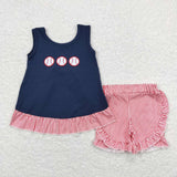 Baseballs Red Stripe Ruffles Navy Girls Shorts Sets