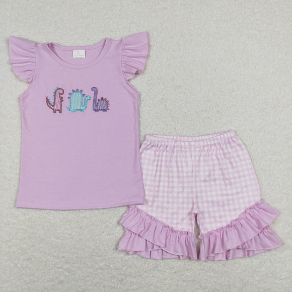 Dinosaur Plaid Purple Girls Shorts Sets