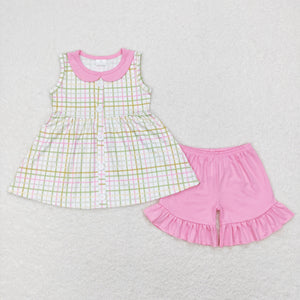 Plaid Pink Ruffles Girls Shorts Sets