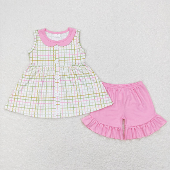 Plaid Pink Ruffles Girls Shorts Sets