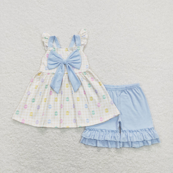 Eggs Yellow Plaid Blue Bow Girls Easter Outfits