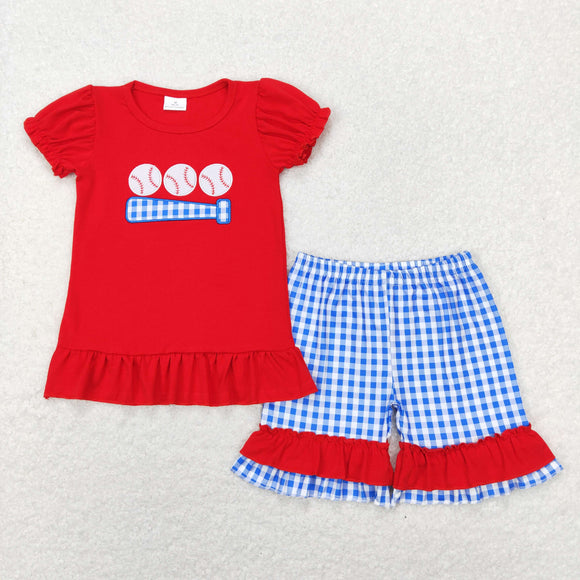 Baseball Blue Plaid Red Ruffles Girls Shorts Sets