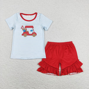 Golf Tour Car Stripe Red Ruffles Girls Shorts Sets