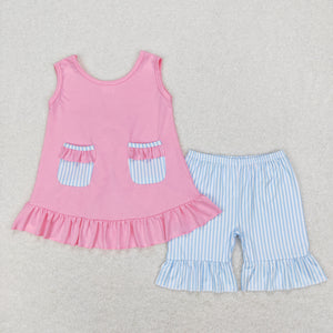 Blue Stripe Bow Pink Girls Shorts Sets